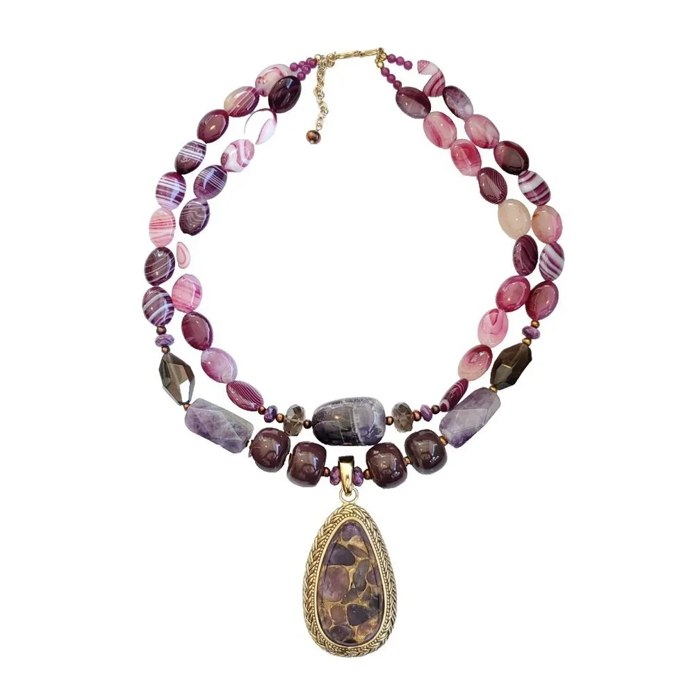 Barse Beaded Pendant Necklace Chunky Layered Purple Stone Gold Tone Statement - Picture 2 of 6